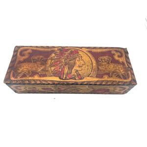 Antique Wooden Pyrography Native American Box Chief Indian